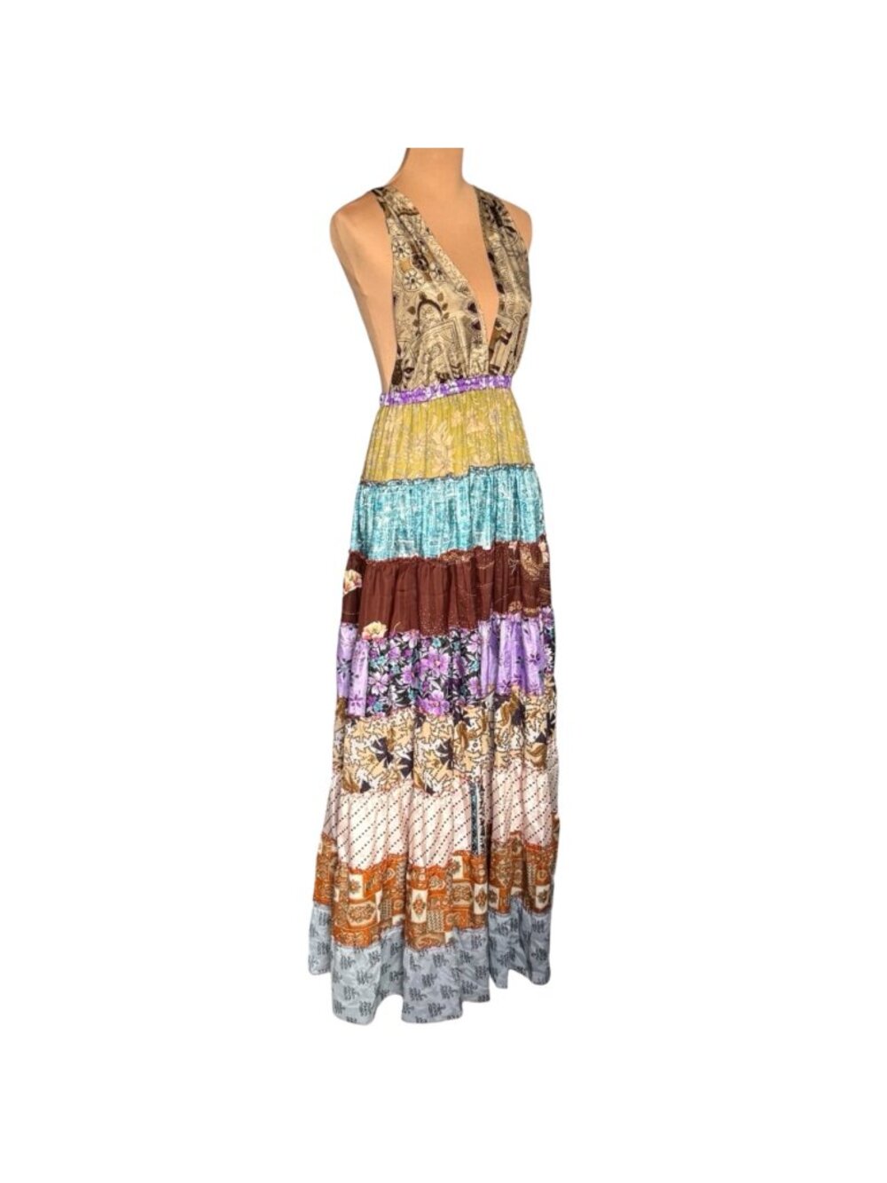 Boho Y2K Patchwork Tiered Maxi Dress Sz S Open Back Flowy Gipsy - Picture 16 of 16